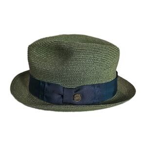 STETSON Stratoliner Sage Green Woven Hemp Straw Fedora Hat L Blue Band USAMade
